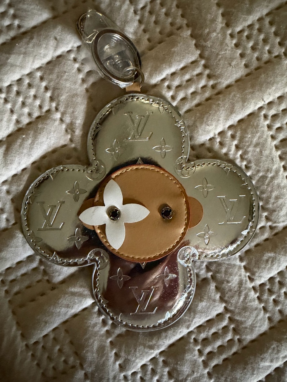 Silver and Tan Monogram Flower Key Charm -Vivienne Bag Charm